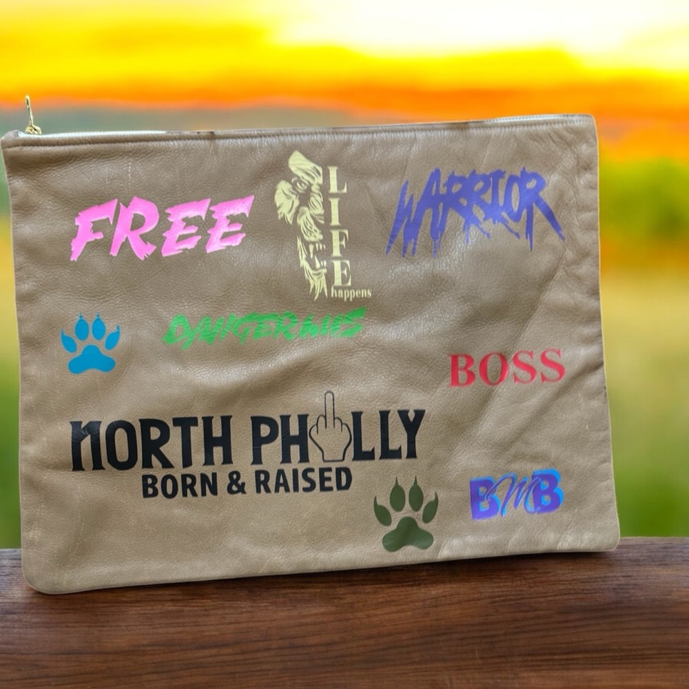 Beige Graphic Clutch with Bold Text